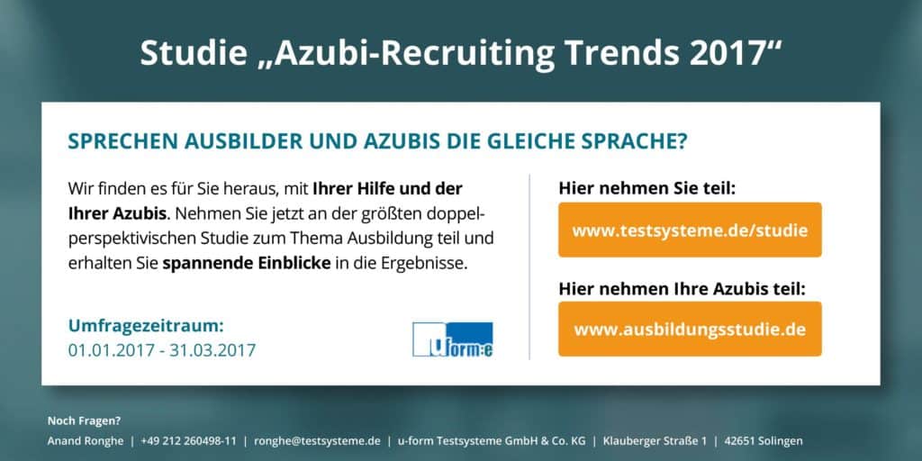 Duale Ausbildung: Hidden Champion oder Auslaufmodell? / Studie "Azubi-Recruiting Trends 2017" gibt handlungsorientierte Hinweise für Ausbildungsbetriebe / Jetzt teilnehmen! Weiterer Text über ots und www.presseportal.de/nr/104017 / Die Verwendung dieses Bildes ist für redaktionelle Zwecke honorarfrei. Veröffentlichung bitte unter Quellenangabe: "obs/u-form Testsysteme GmbH & Co KG"