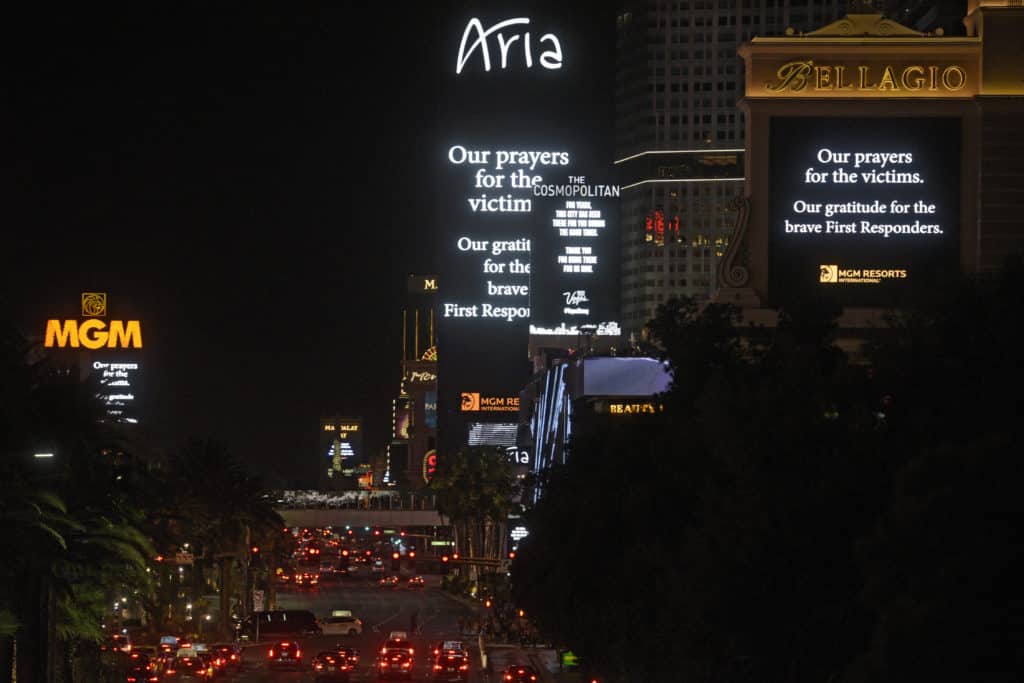 #VegasStrong - Marquees along the Las Vegas Strip pay respect to the victims and first responders of the previous Sunday's mass shooting Tuesday, October 3, 2017. (Photo: Sam Morris/Las Vegas News Bureau)