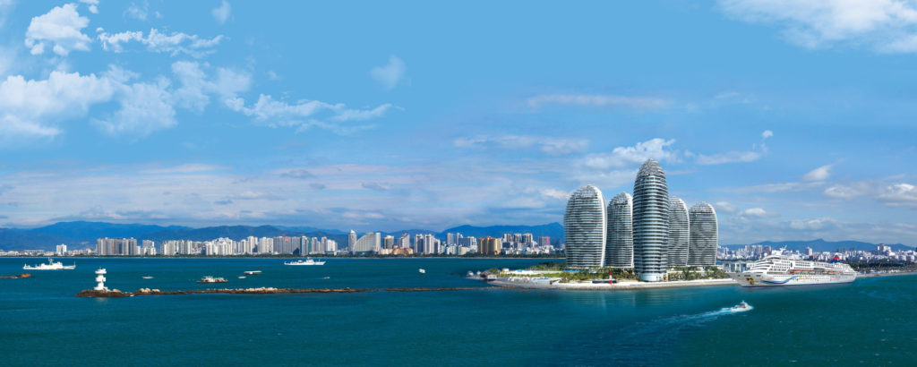 Gorgeous skyline of Sanya with modern architecture and tropical scener